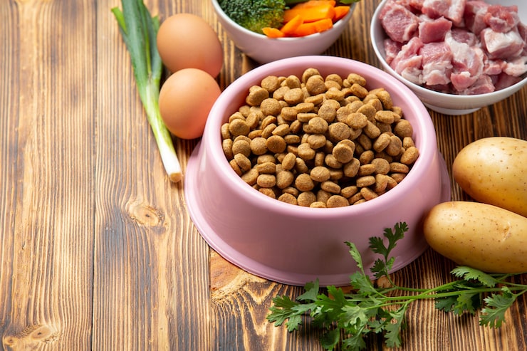 Nutritionally complete homemade dog food recipes chart showing portion sizes by puppy weight.