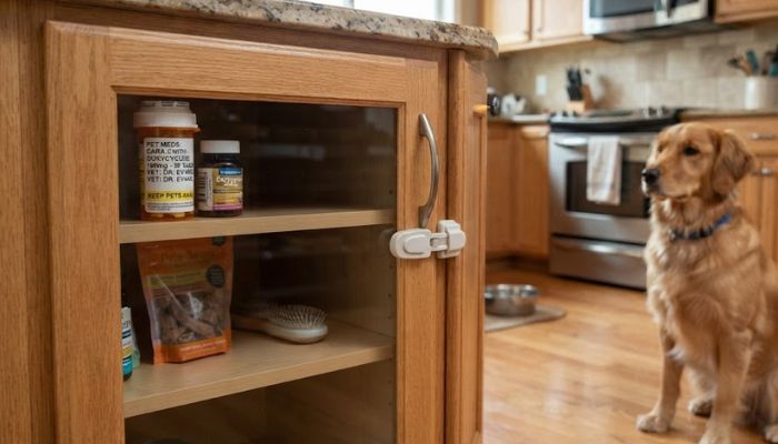A pill bottle safely stored inside a closed cabinet to protect pets. A pill bottle safely stored inside a closed cabinet to protect pets.