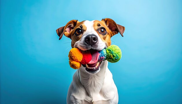 A playful dog holding a squeaky toy proudly in its mouth. A playful dog holding a squeaky toy proudly in its mouth.